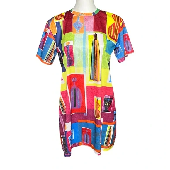 Todd Oldham Maker Shop Printed Art to Wear Short Sleeve T-Shirt Dress Size M - Picture 8 of 8